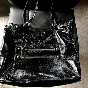 black patent silver studs zippers tote w/tassel Jessica Simpson